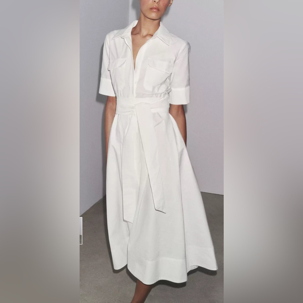 Zara White Midi Shirt Dress with Belt